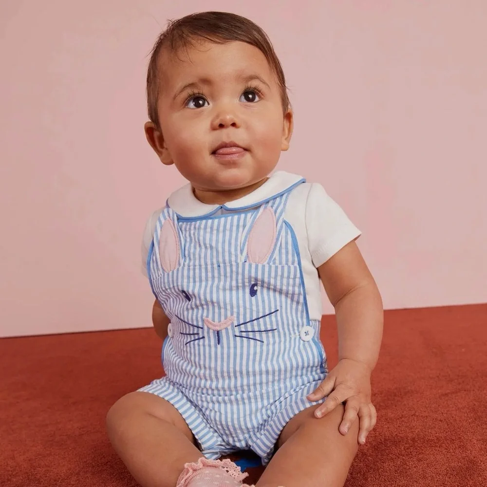 Mini Boden Blue Stripe Bunny Romper & Peter Pan Collar Bodysuit Matching Set